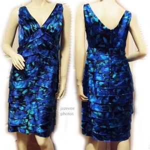 NWT Jones Wear Y2K Womens V-Neck Satin Floral Dress sz 16 Sleeveless Tiered Blue